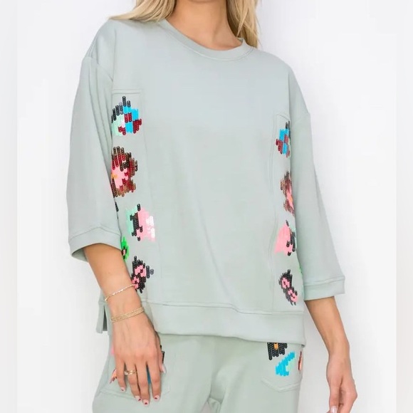 JOH Women's Top Sage Sparkling Sequins 3/4 Sleeves Pointe Knit Soft Size XL NEW - Picture 1 of 13